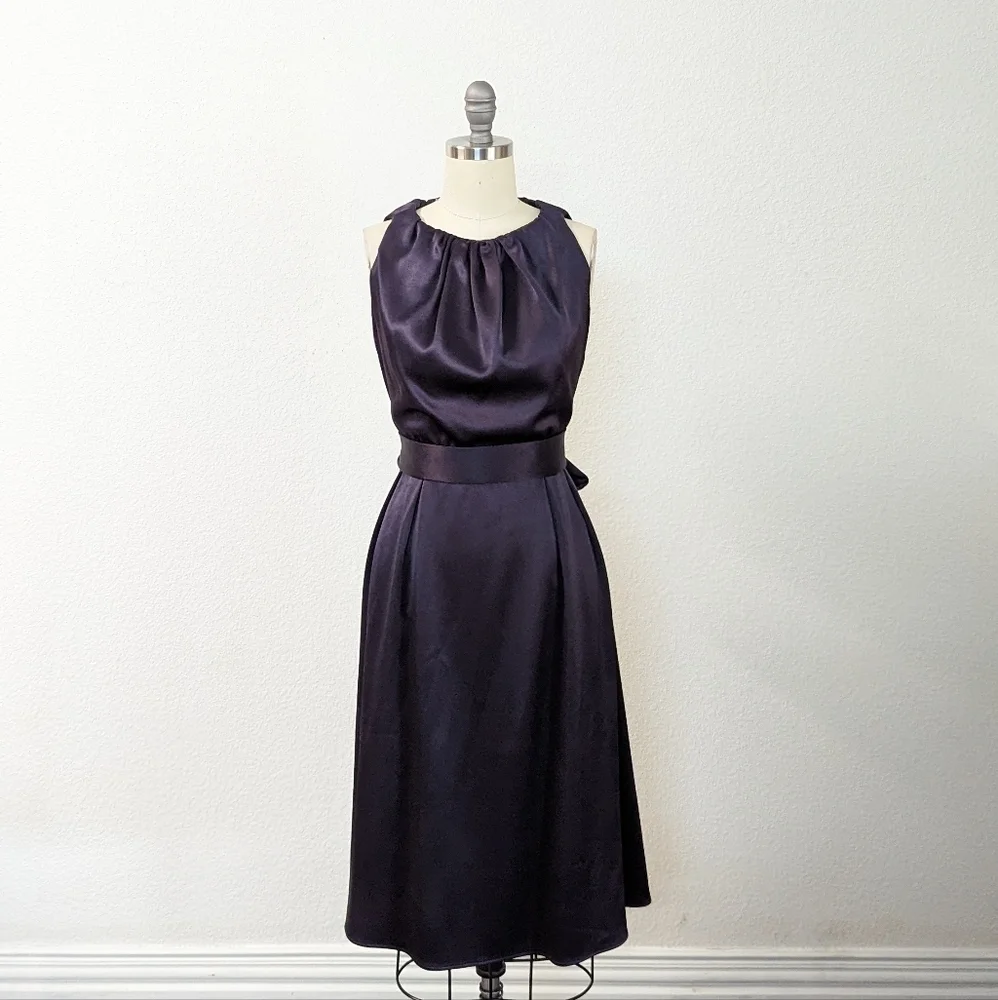Celine Saint Waist Tie Open Back A Line Satin Dress Dark Gray Purple 40/8 classy - Picture 1 of 12